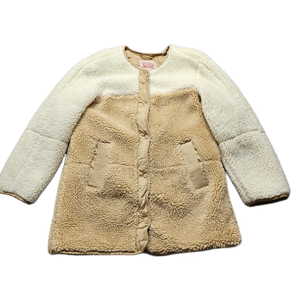 Levi's Sherpa Fleece Jacket Womens Size Small Tan Cream Quilted Lined Snap Front